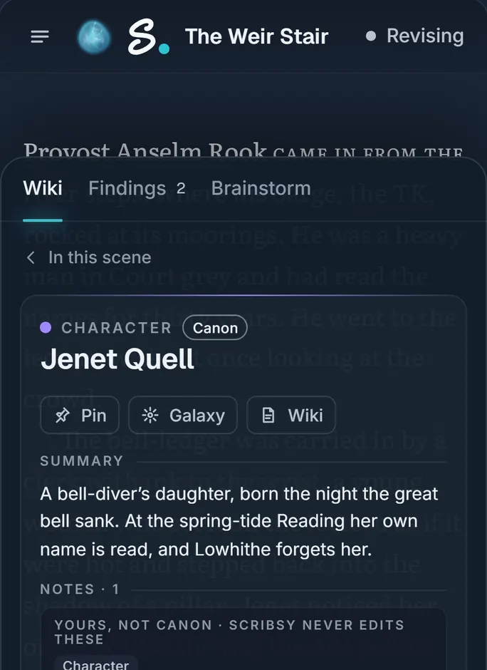 The Scribsy editor with a sample story: names underlined in the chapter, and a character card beside the page, filled in from the book.